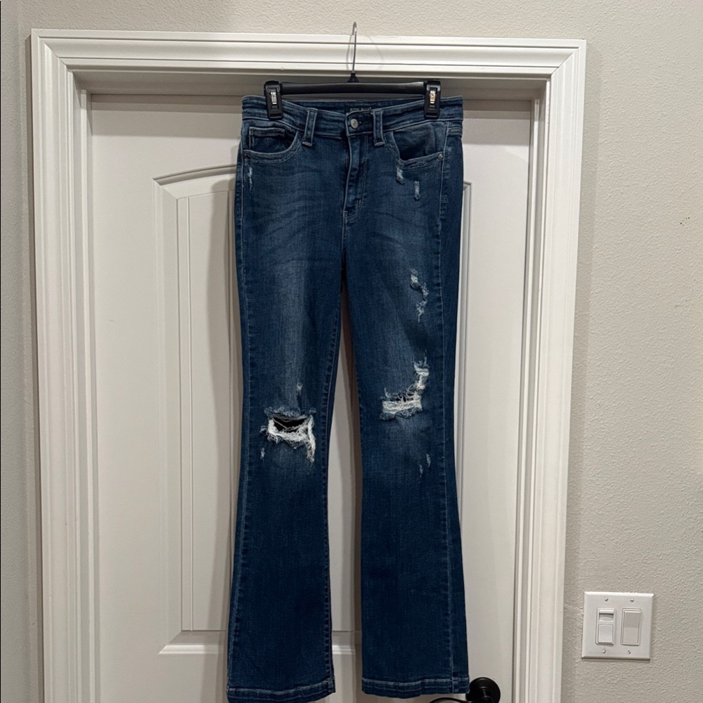 Judy Blue Distressed Flare Jeans - Dark Blue